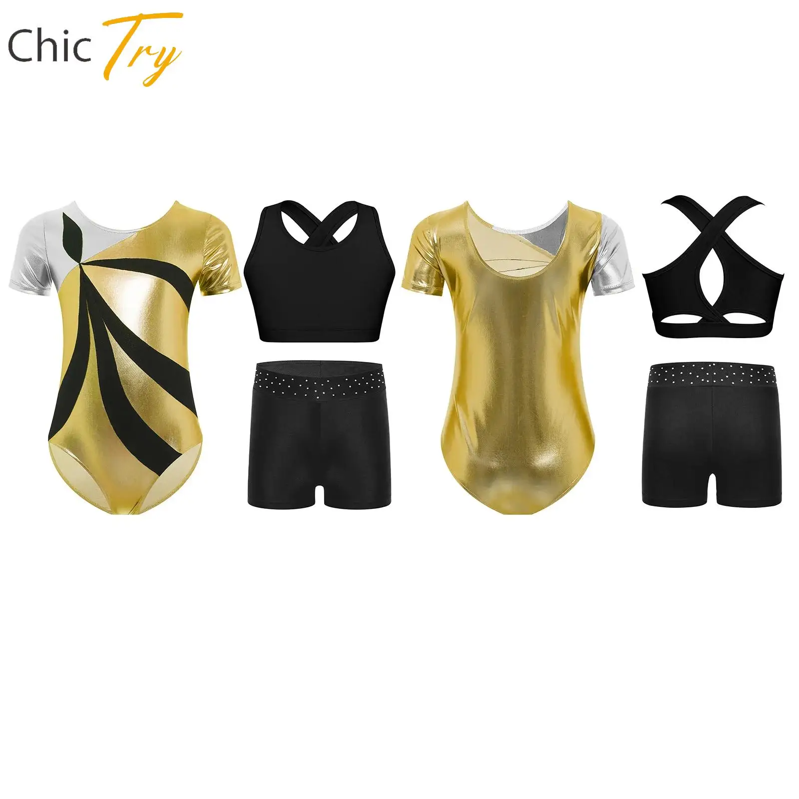 

Rhythmic Gymnastics Figure Skating Dance Outfit for Kids Girl Short Sleeve U Back Color Block Ballet Leotard+Cropped Vest+Shorts