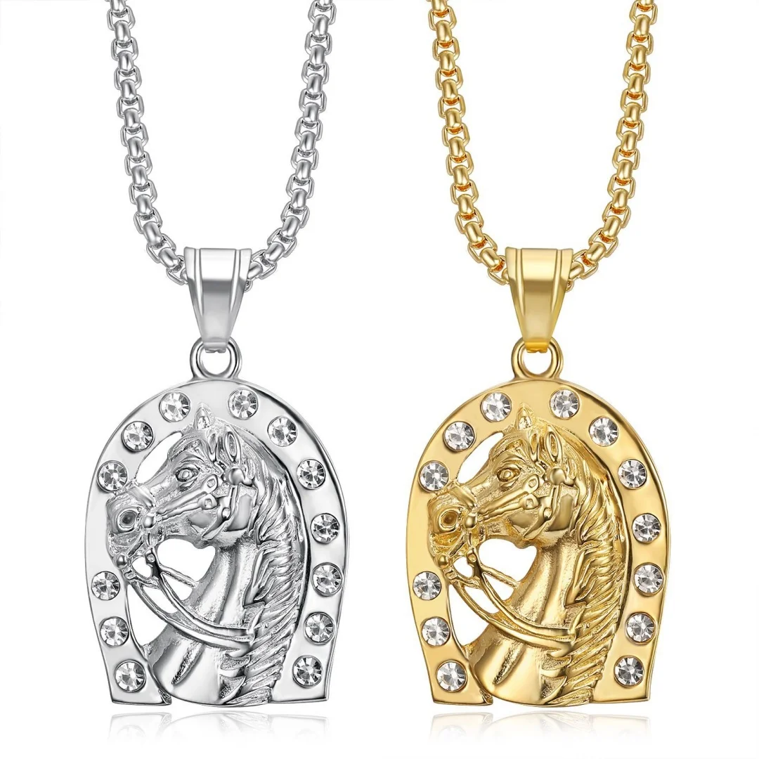 

Hip Hop Iced Out Animal Horse Head Pendant Gold Silver Color Stainless Steel Zirconia Horseshoe Necklace for Woman Man Jewelry