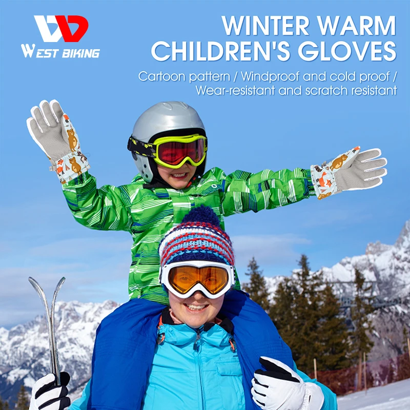 WEST BIKING Winter Warm kids Ski Gloves Snowmobile Mittens Waterproof Skiing Snowboard Gloves Children Girl Boy Riding Gloves