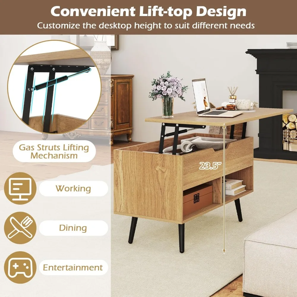 Modern Lift Top Coffee Table with Hidden Storage and Two Open Shelves