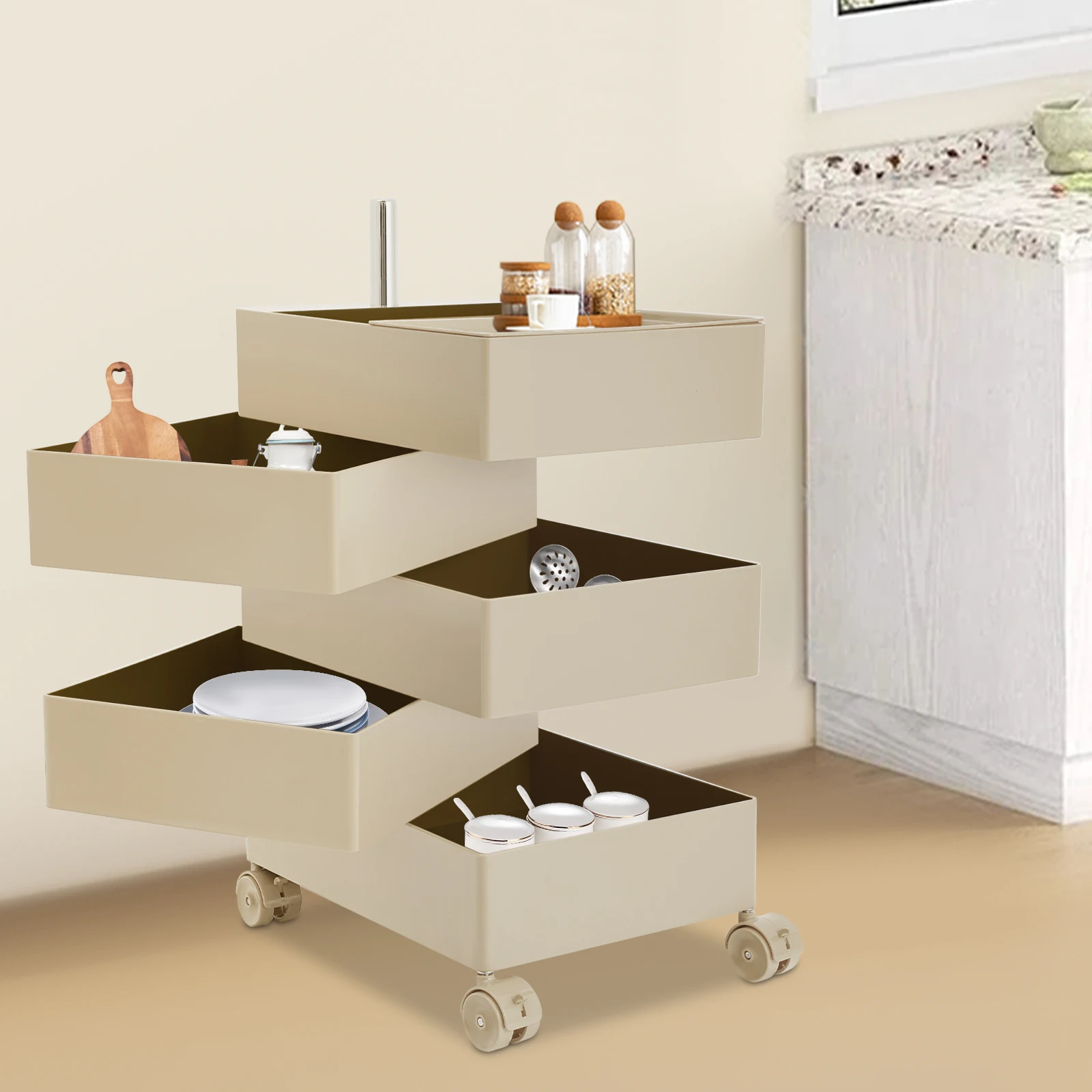 

5 Layer 360 Rotary Storage Cabinet Wave Comparison Cabinet - Khaki For Home Living Room To Store