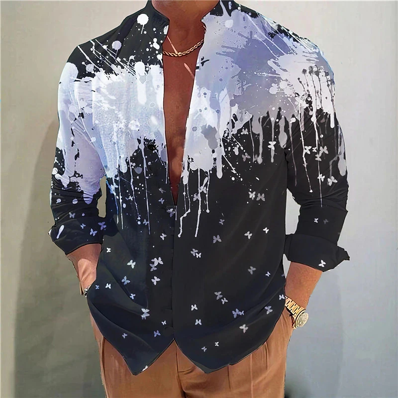 Men's Shirt Graffiti Color Ink Irregular Top T-shirt Stand Collar Button Casual Comfortable Soft Sports Fashion 2023 Popular