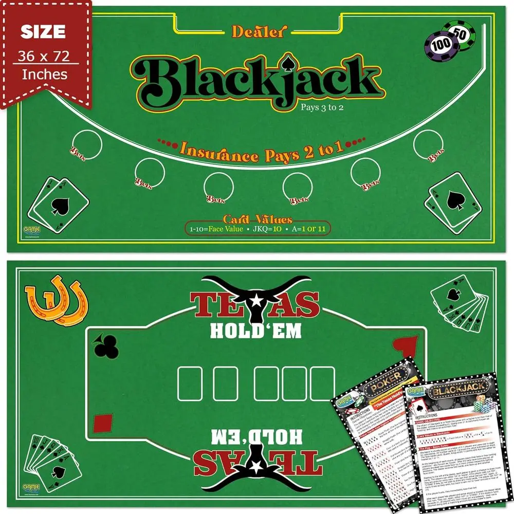 

Double Sided elt Casino Mat, 36” x 72” or Blackjack & Texas Hold’em Poker, 2-in-1 Texas Holdem Poker Mat & Blackjack Mat, Proion