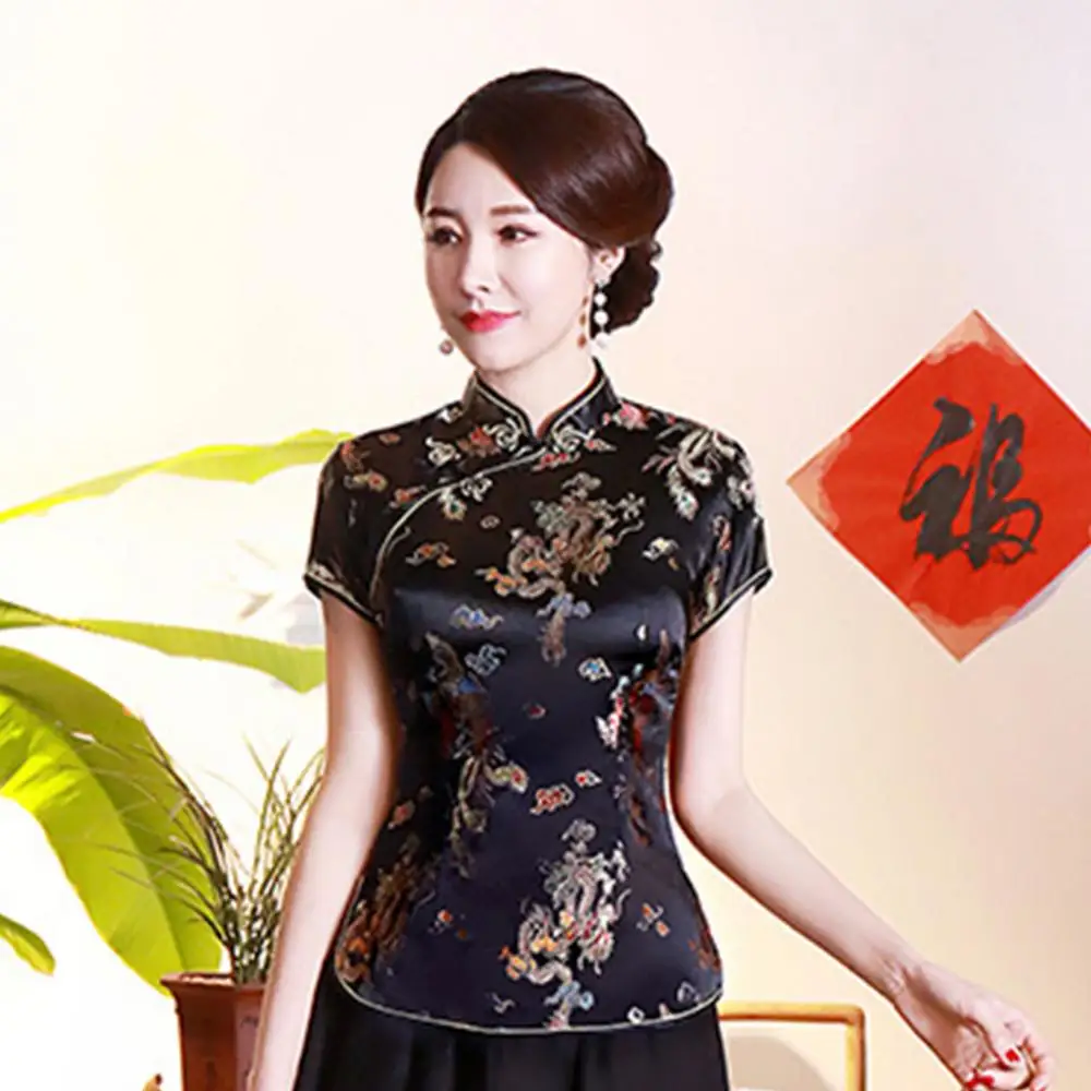 Women Blouse Shirt Chinese Traditional Cheongsam Qipao Dragon/Phoenix Cheongsam Embroidery Short Sleeve Women Shirt Top Oversize