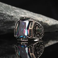 Classic Retro Rainbow Men Rings Silver Color Carving Pattern Signet Steampunk Rings for Men Birhday Gift Party Gothic Jewelry