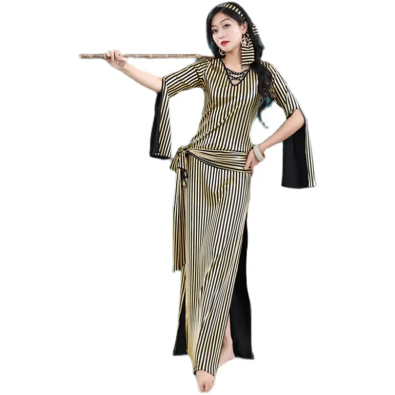 Oriental Egyptian Belly Dance Costume Saidi Dress, Baladi Galabeya, Fallahi Abaya, gypsy 4 pcs Set (dress Headscarf belt shorts)