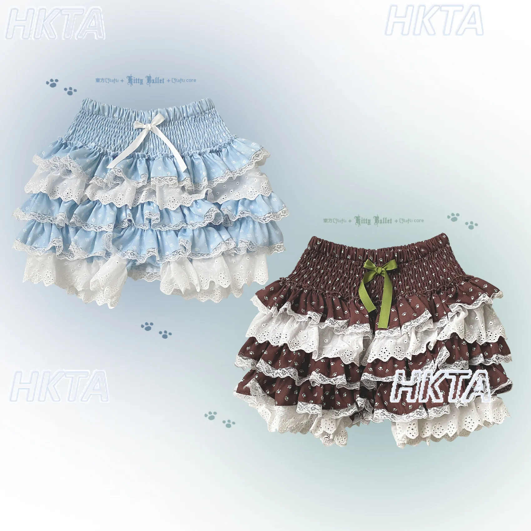 Japanese Summer Kawaii Cute Cartoon Print Ruffle Edge Mini Skirt Sweet Lolita Lace Bow Cascade Cake Waist Skirts Culottes Women