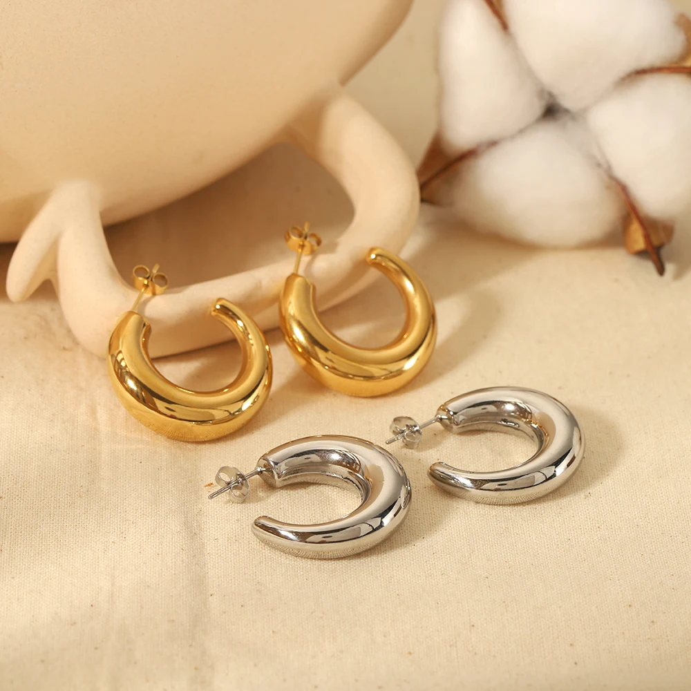 Heißer Verkauf: Modische C-förmige Edelstahl-Creolen für Damen, 18K vergoldet, wasserdicht, Alltagsschmuck, Geschenk – Detail 3
