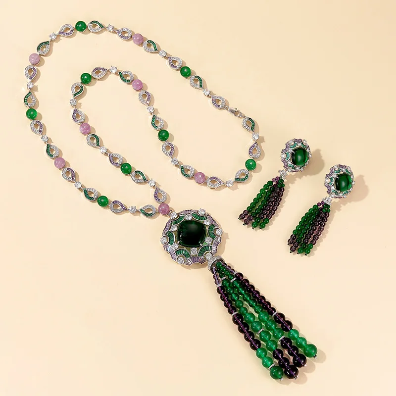Vintage Tassel Jewelry Set Silver Plated Synthetic Green Gem Pendant Necklace Drop Earrings Women Banquet Ornament