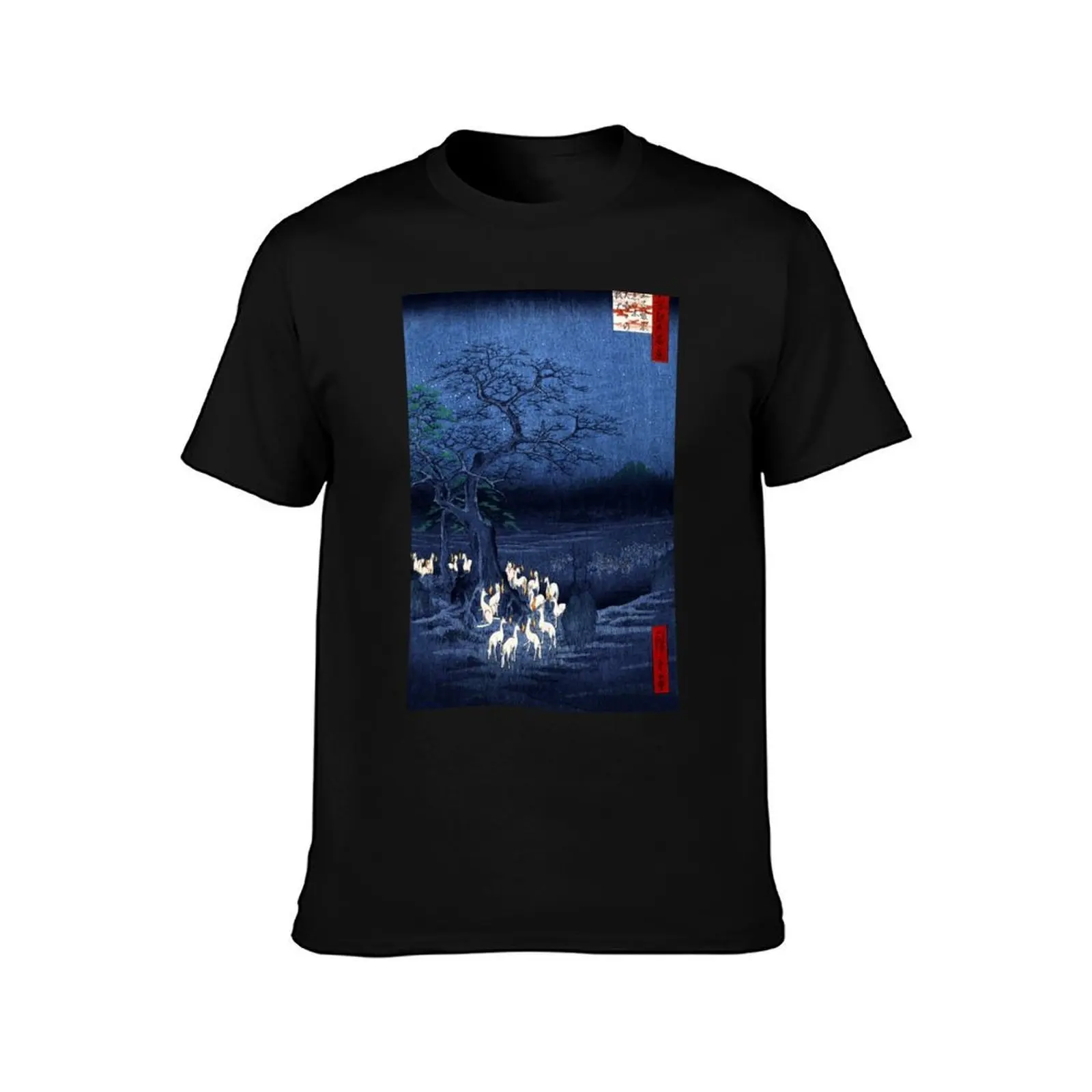 Hiroshige New Year's Eve Foxfires at the Changing Tree, Oji T-Shirt, Summer Casual Cotton Tee, Oversized Streetwear Tops
