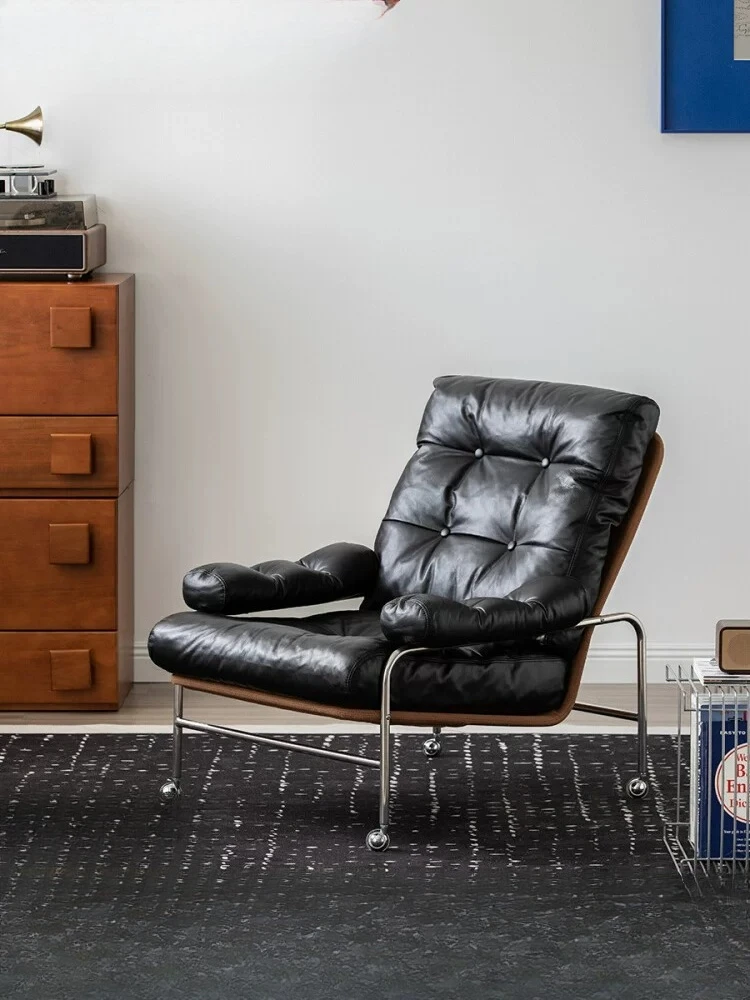 Single sofa chair retro stainless steel oil wax leather seat cushion leisure chair