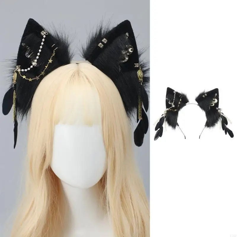 

K3KF Lolitas Cosplays Headband Animal Ears Hair Accessory Feathers Tassel Decorations