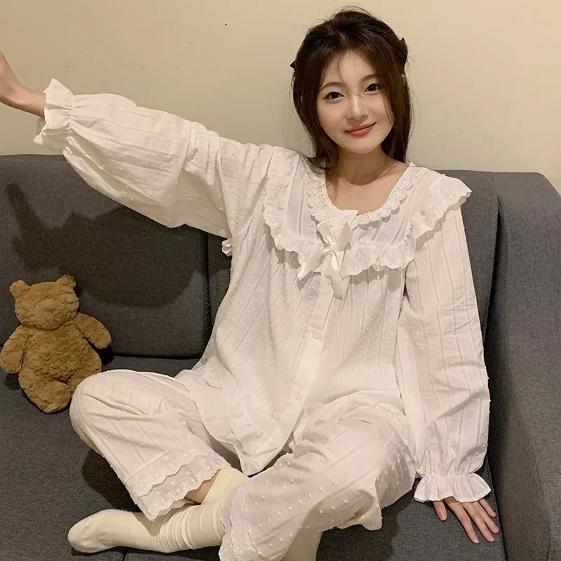 French Sweet Lace Pajamas Set Women's Spring Autumn Loungewear 2024 New Princess Famale Pure Cotton Baggy Fall Home Service Suit