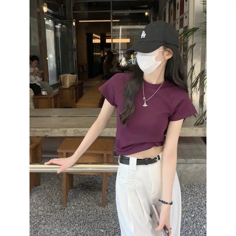 Short Sleeve T-Shirt Women's Casual Slim Fit Summer Sexy Student Top Trendy Shoulder Width Regular Color Block Pattern
