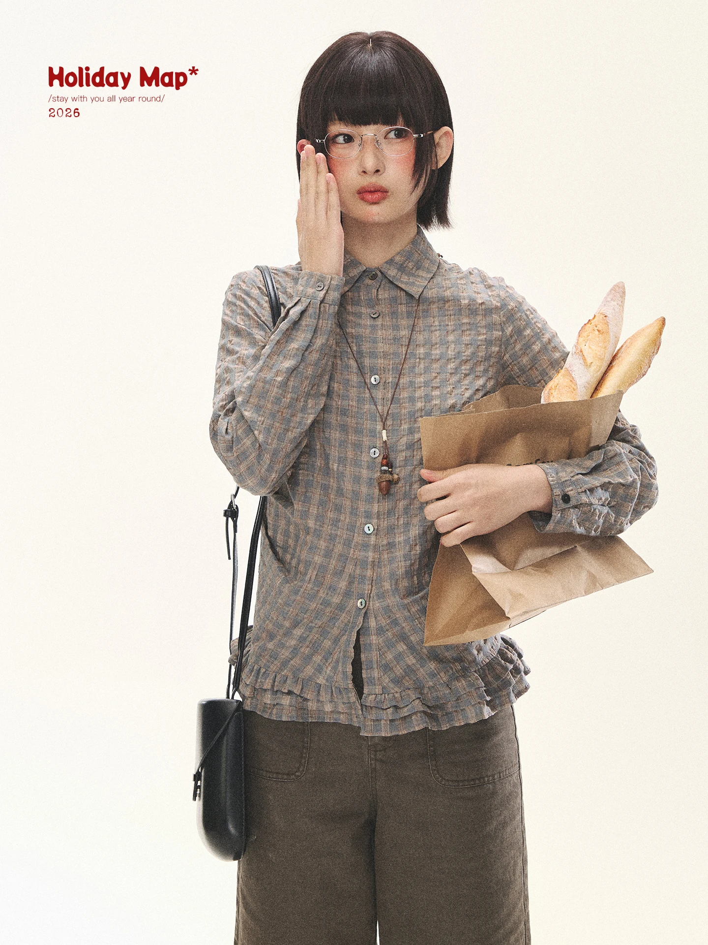 

Женская рубашка Horide Map Vintage Slim Fit с плиссированным подолом, рукавами-фонариками, в клетку, с отложным воротником, повседневная, из полиэстера