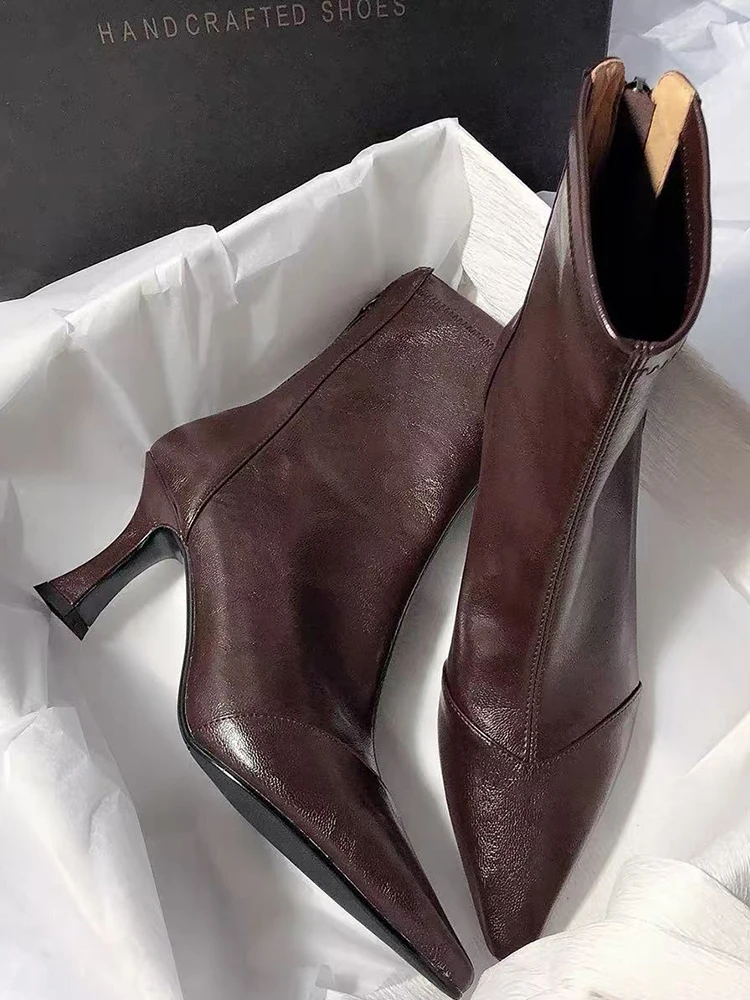 

Облегающие ботинки с острым носком, женские осенне-зимние модные коричневые универсальные ботинки с открытым носком, эластичные ботинки на высоком каблуке с застежкой-молнией...