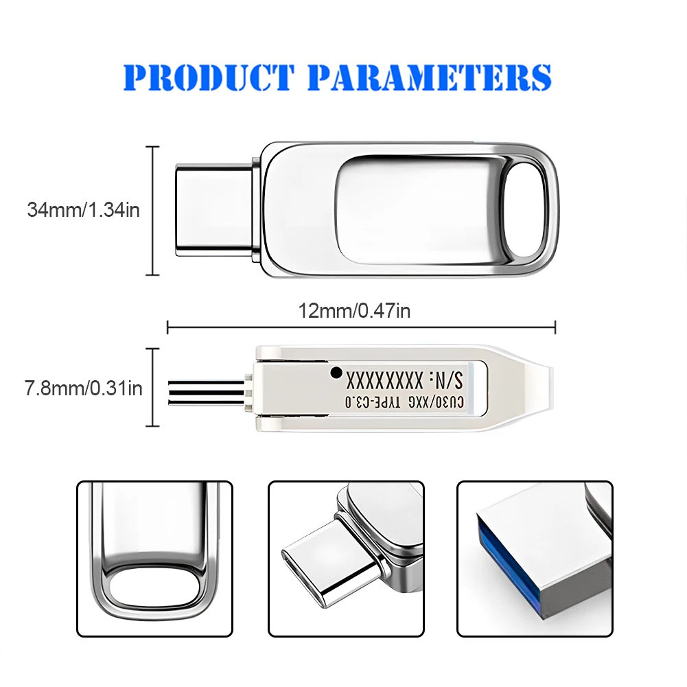 محرك أقراص فلاش 1 مع منفذ USB من النوع C وجهاز كمبيوتر USB قرص 2 في 1 ناقل حركة عالي السرعة تصميم محرك فلاش هيكل معدني للكمبيوتر