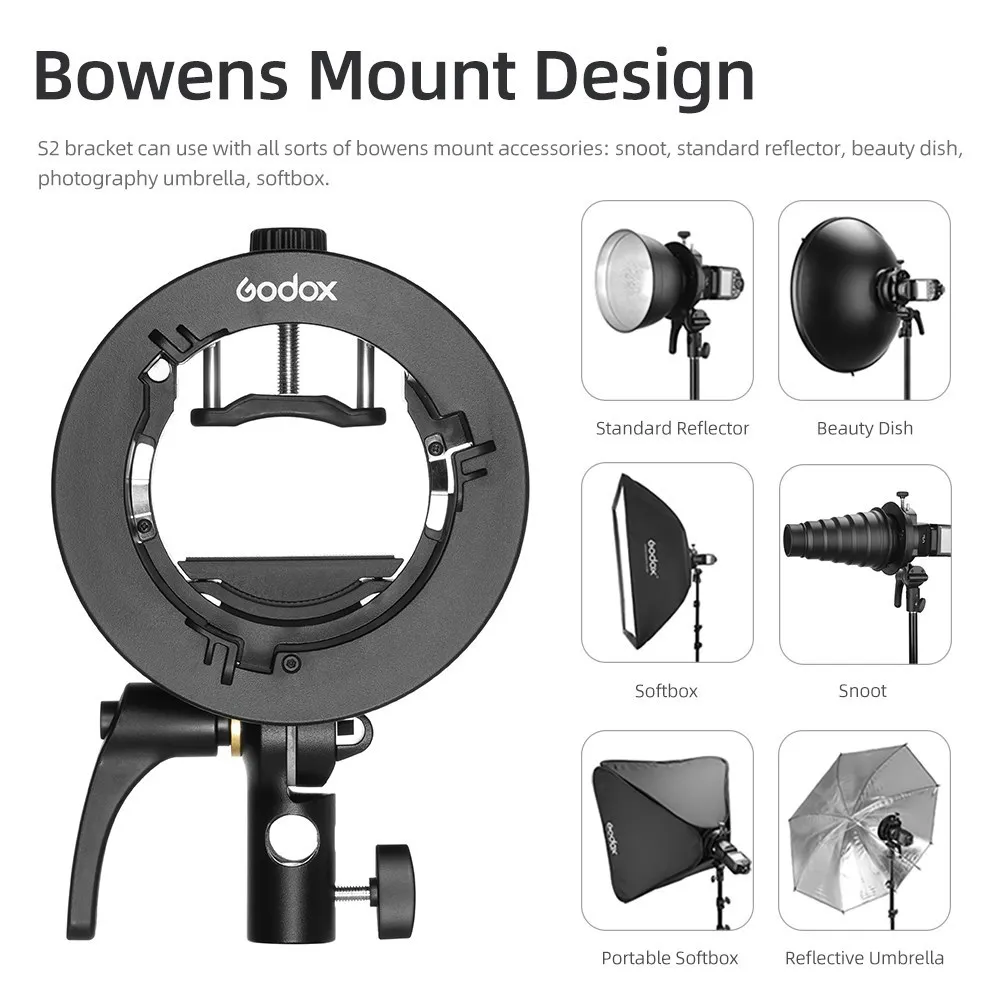 Godox Bowens 마운트 플래시 S2 S타입 거치대 브래킷, Godox V1 V860II AD200 용 라운드 헤드 스피드라이트 V860II TT350 야외 플래시