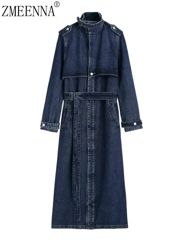 

ZMEENNA Women's Stand Collar Denim Trench Coat Long Sleeve Belted Jean Jacket Vintage Washed Blue Casual Fashionable ZM1088