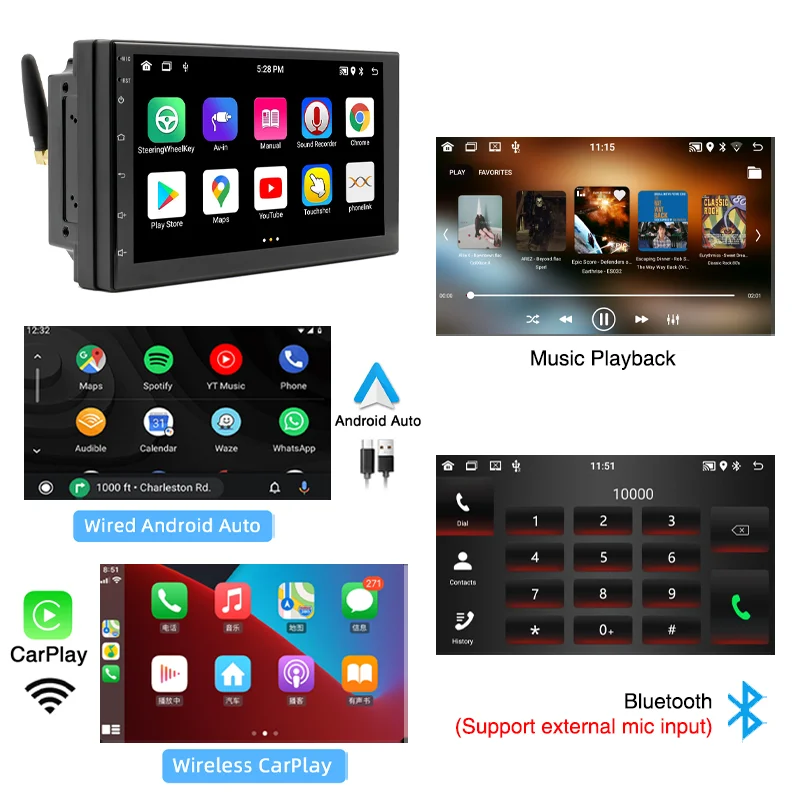 Radio Coche Android 2 Din CarPlay Android Auto, 7 Pulgadas Pantalla Reproductor Multimedia, Bluetooth, Manos Libres, AM, FM, RDS, Wifi, USB, A2