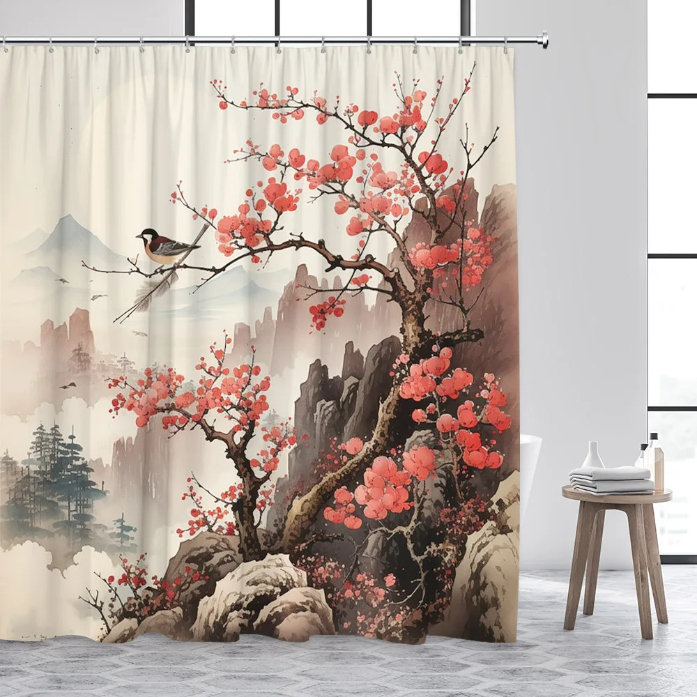 Ink Landscape Shower Curtain Abstract Mountain Water Red Floral Birds Chinese Style Bath Curtains Home Bathroom Decor with Hooks