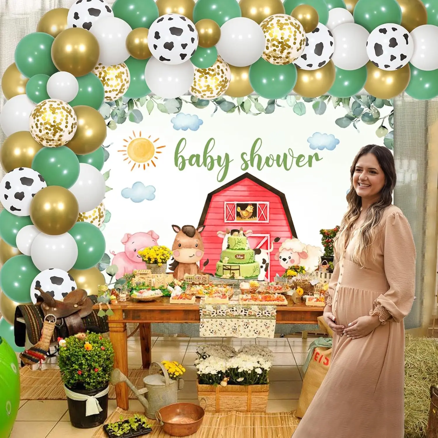 Funmemoir Farm Animal Baby Shower Decor Balloon Welcome Baby Backdrop Farm House Pregnancy Celebration Newborn PartySupplies