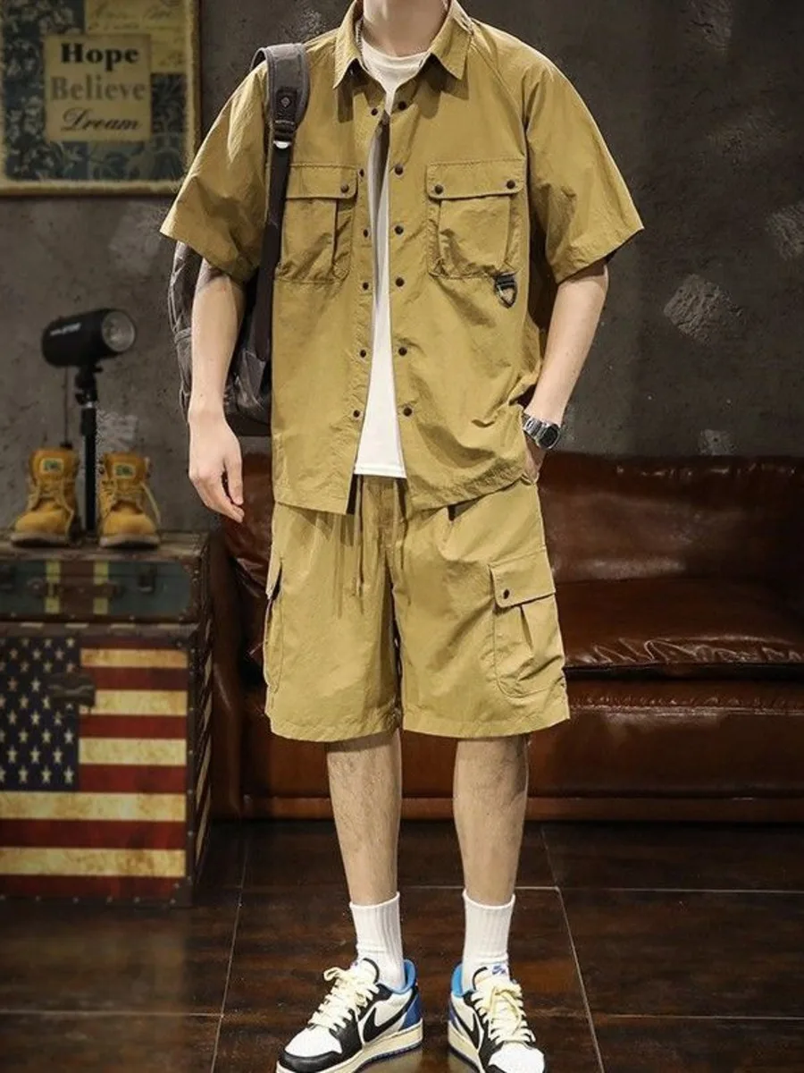 Trendy Cargo Summer Clothes Set Men Short Sleeve Shirt with Pockets And Shorts Solid Casual Safari Outdoor Outfits