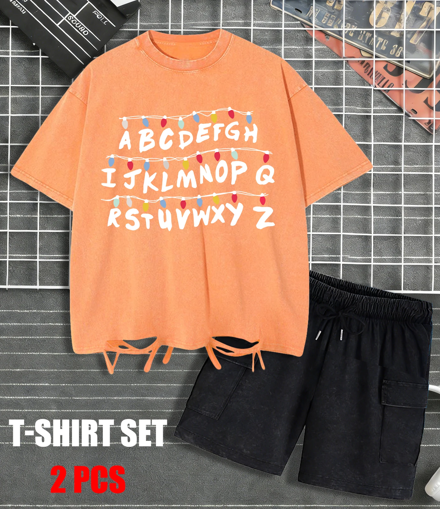 

Lights Letters Form A Wall Retro Mens T-Shirt Summer Casual Loose Sportsuit Snow Wash T Shirt Fashion Cotton Man Shorts Set