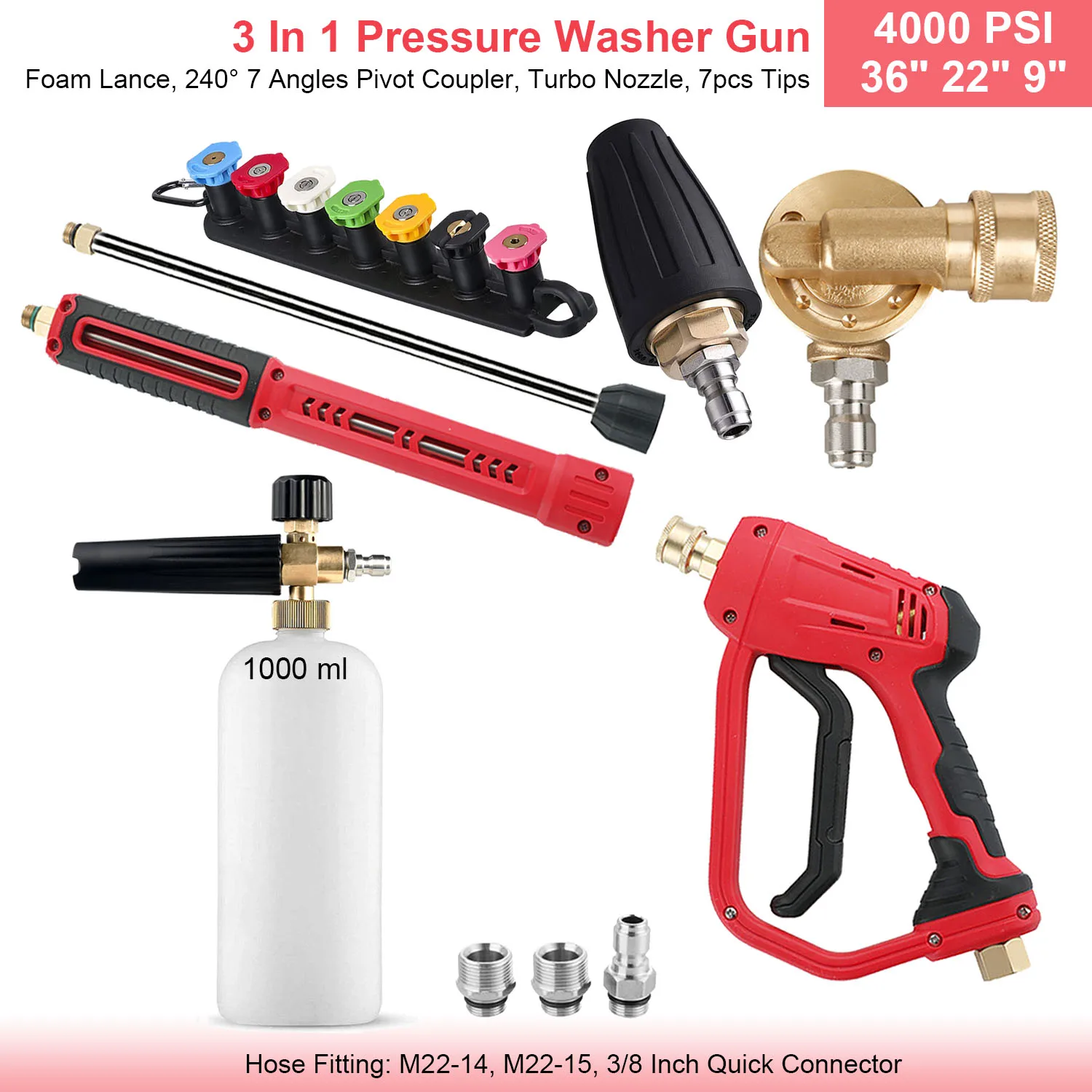 36 "In 4000 PSI Hogedrukreiniger Pistool Verlengstuk Nozzles Schuimlans 3 in 1 M22 14 15 mm 3/8 In Snelkoppeling Autoreiniger Kit