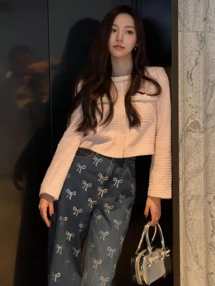 جينز Faionable Vintage Street Sle فضفاض غير رسمي عالي الخصر وواسع الساق مع طباعة عقدة للنساء خريف جديد...