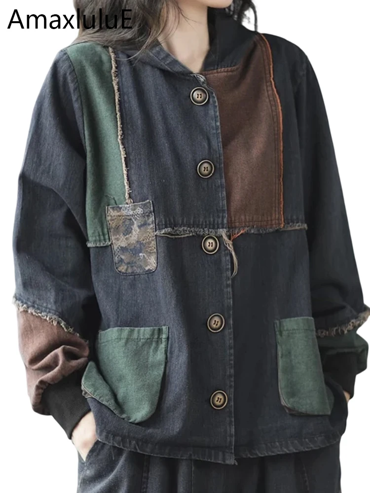 

Amax LuluE 2025, зимняя уличная одежда, женская мода, свободные винтажные джинсовые куртки с капюшоном, женские повседневные лоскутные классические роскошные пальто