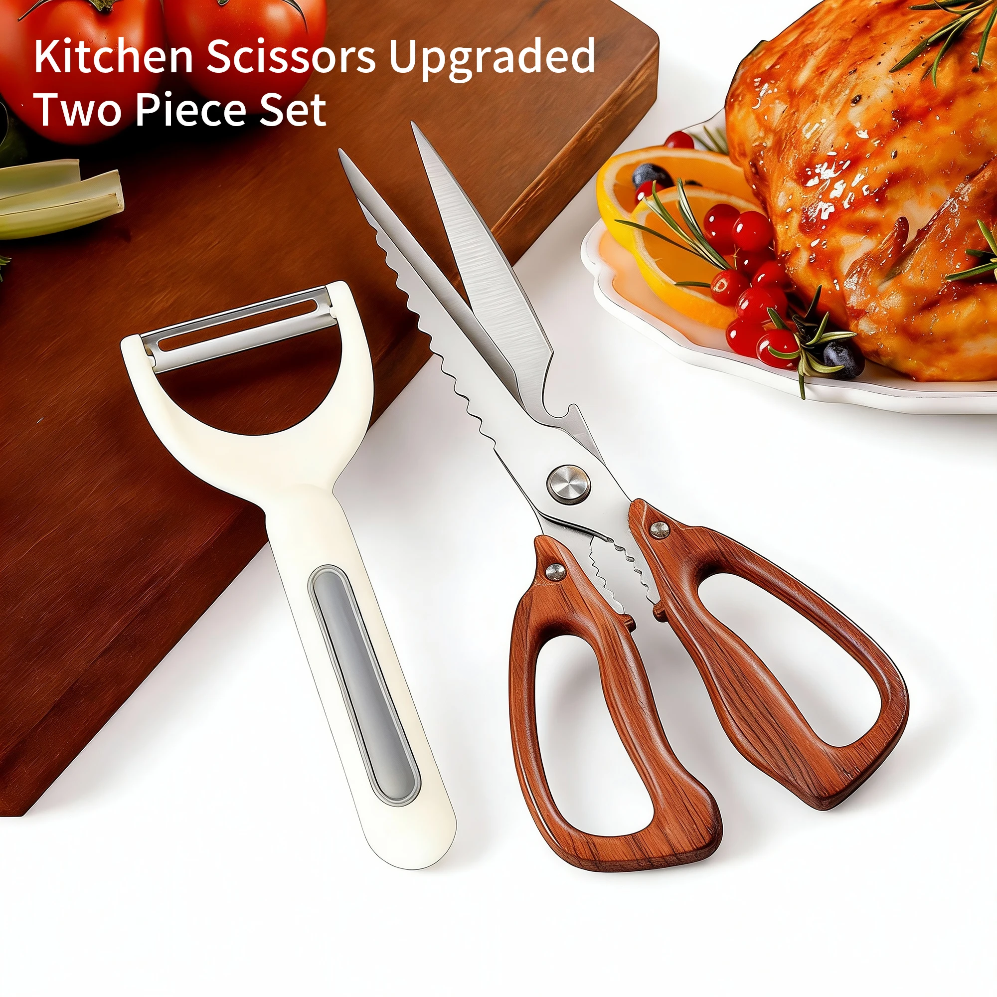 Newly Heavy Duty Wood Handle Kitchen Scissors Barbecue Shears - All-in-One Stainless Steel Shears for Chicken,Fish,Bottle & Nuts