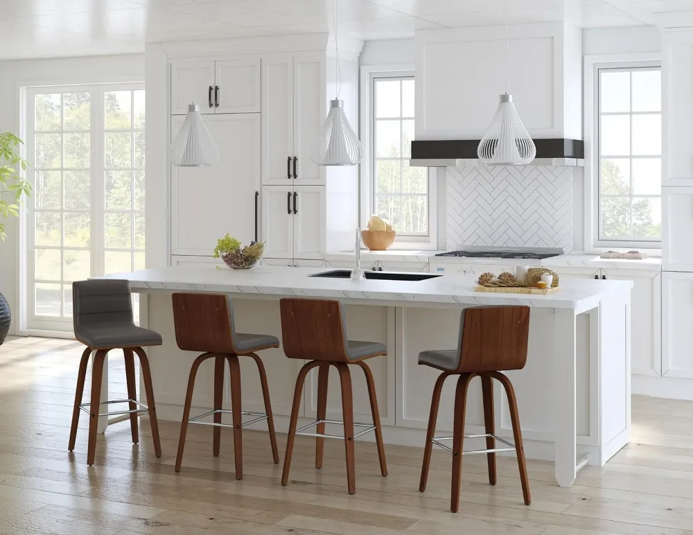 مقعد مرتفع دوار بارتفاع 26 بوصة مع جلد صناعي رمادي ولمسة نهائية من خشب الجوز #2