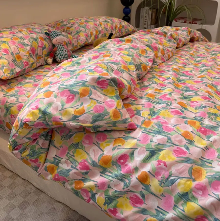 

Vintage flower tulip pink yellow green bedding set,twin full queen king cotton home textile bed sheet pillow case quilt cover