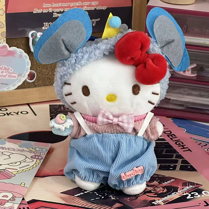 Sanrios Hellokittys Costume Plush Toy Keychain with Bow Cute Kt Cat Blue Jeans Style Character Design Backpack Décor Ideal Gifts