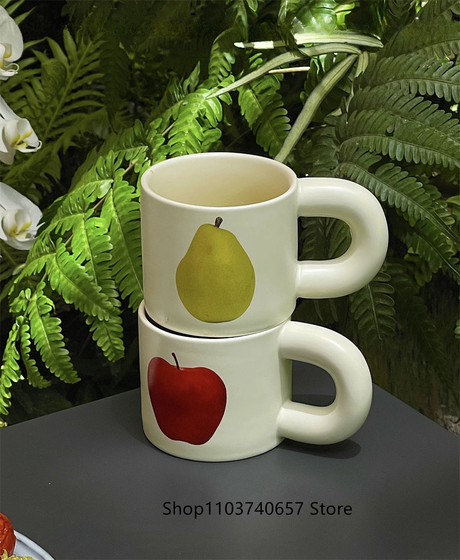 Nordic Style Creative Fruit Printing Ceramic Mug Vintage Hand-painted Chubby Coffee Cup Tropical Handle Water Cup