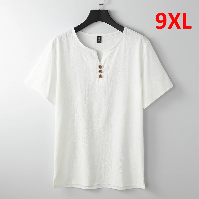 

9XL Linen T-shirt Men Summer Solid Color Tshirt Fashion Casual Linen Tees Tops Male Henley Collar T Shirt Plus Size 8XL 9XL