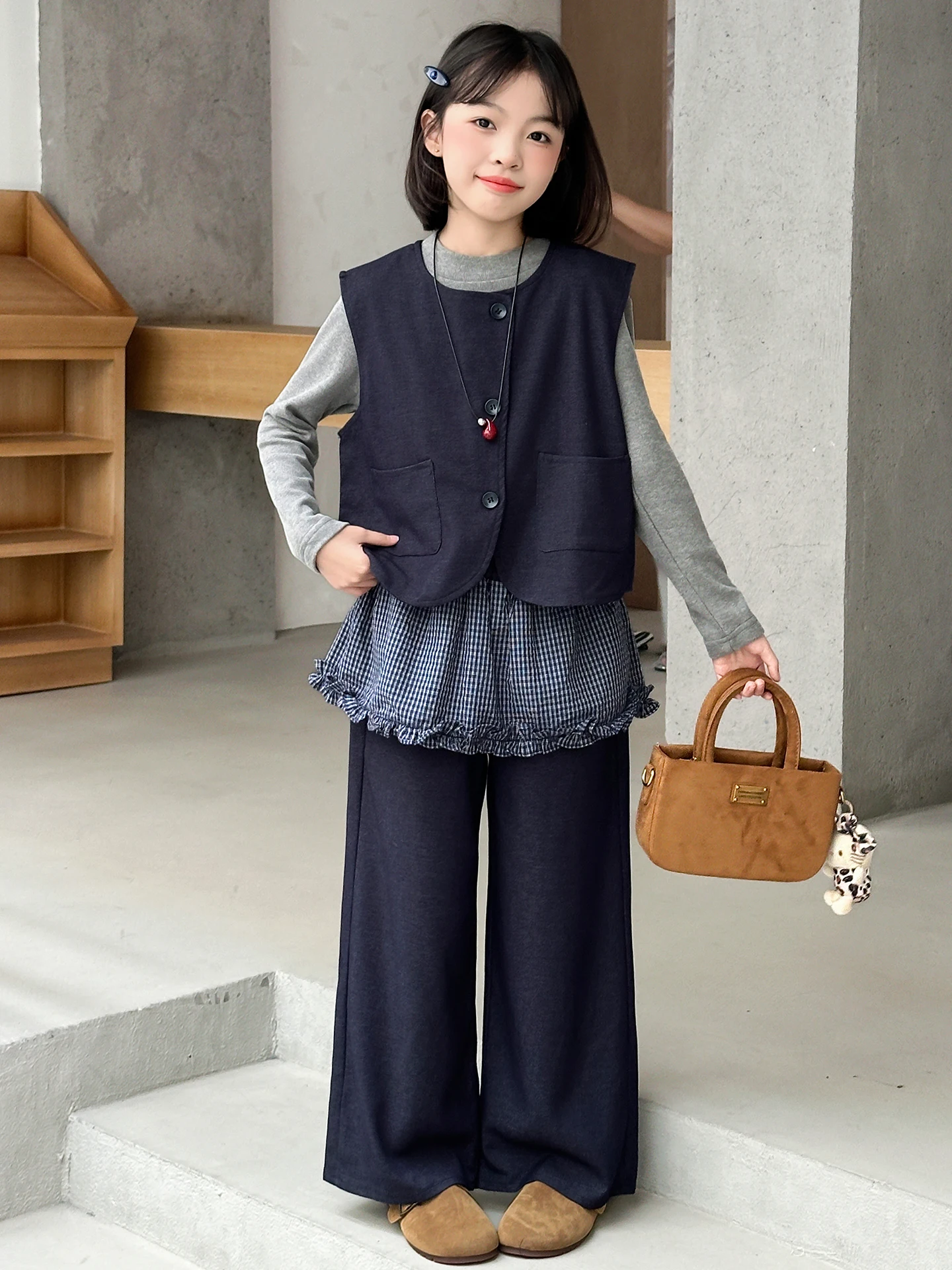 

Girls Casual Faion Set Autumn Clothes Wide Leg Pants Vest Tee Piece Set Children's Wear Cotton Long Sve round Ne