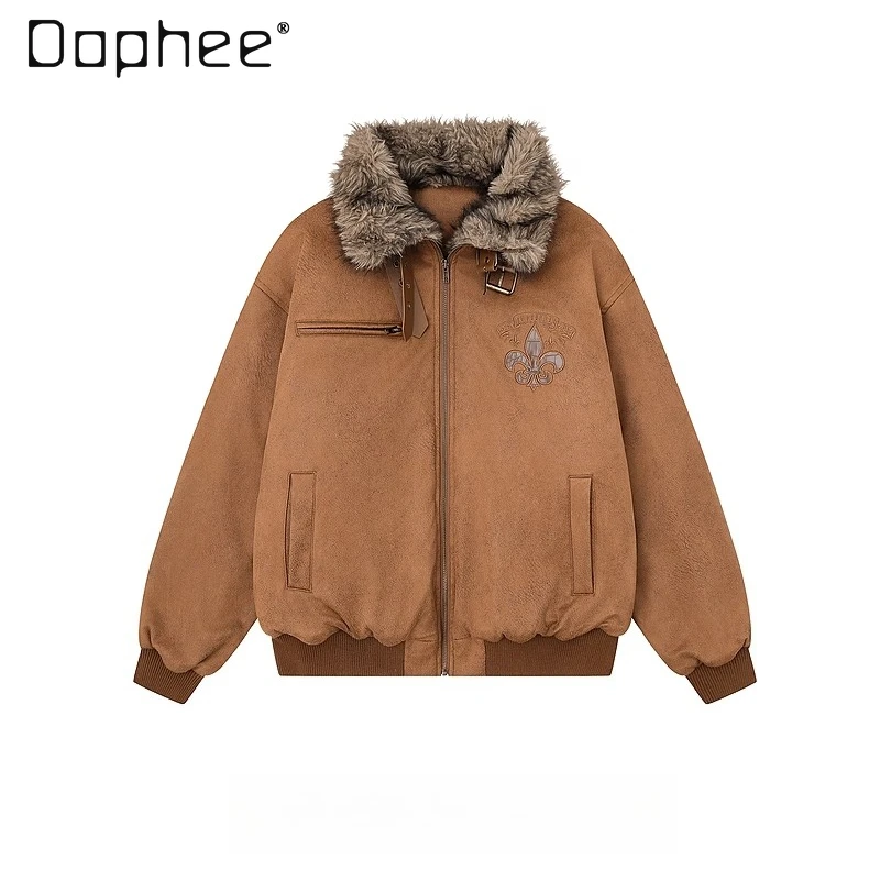 

Autumn Winter American Retro Style Men's Suede Black Fur Collar Jacket High Street Motorcycle Gray Caramel Color Padded Jacket