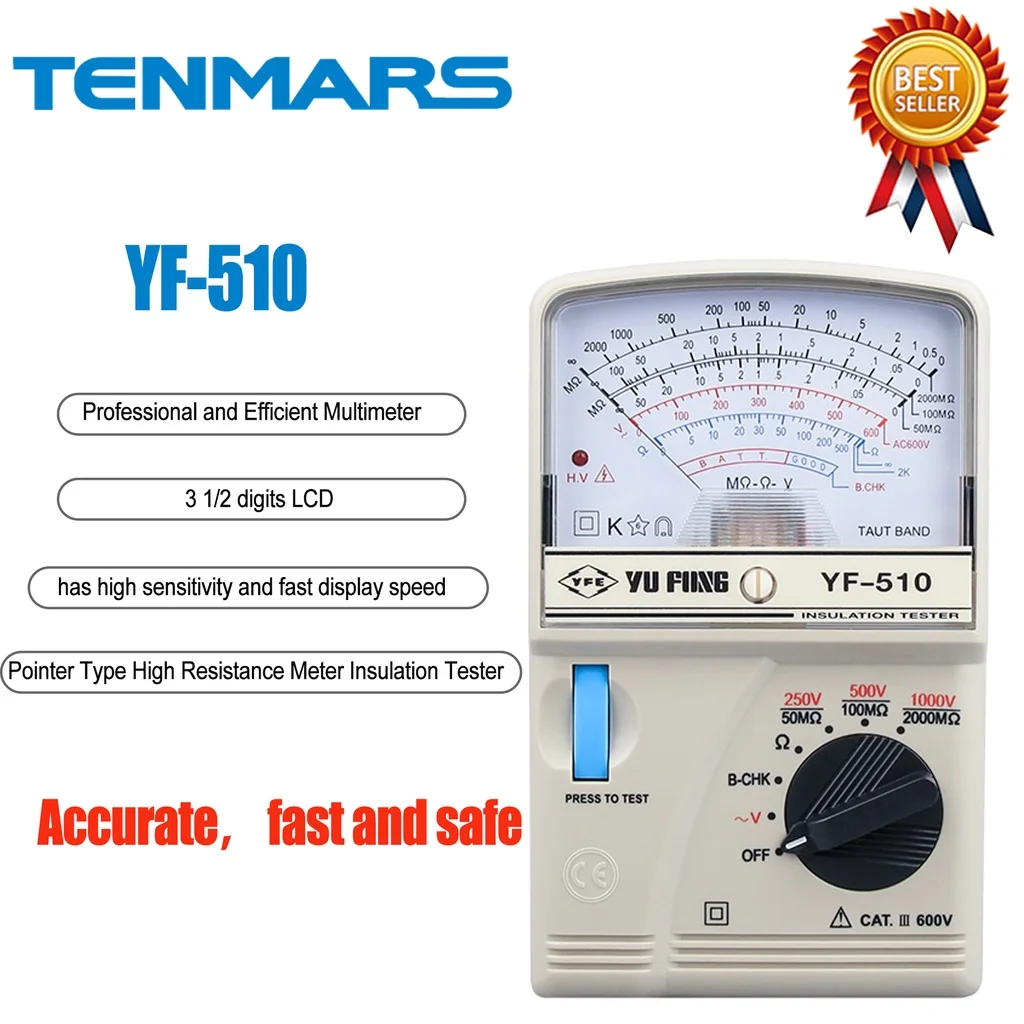 TENMARS YF-510 Pointer Type Resistance Meter Insulation Tester Use For Provided to Indicate the Operation Pf the Power Supply.