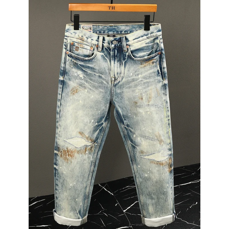 

Высококачественные потертые дизайнерские джинсы, мужские осенне-зимние утолщенные прямые брюки, свободная уличная одежда, модные мужские рваные брюки с заплатками