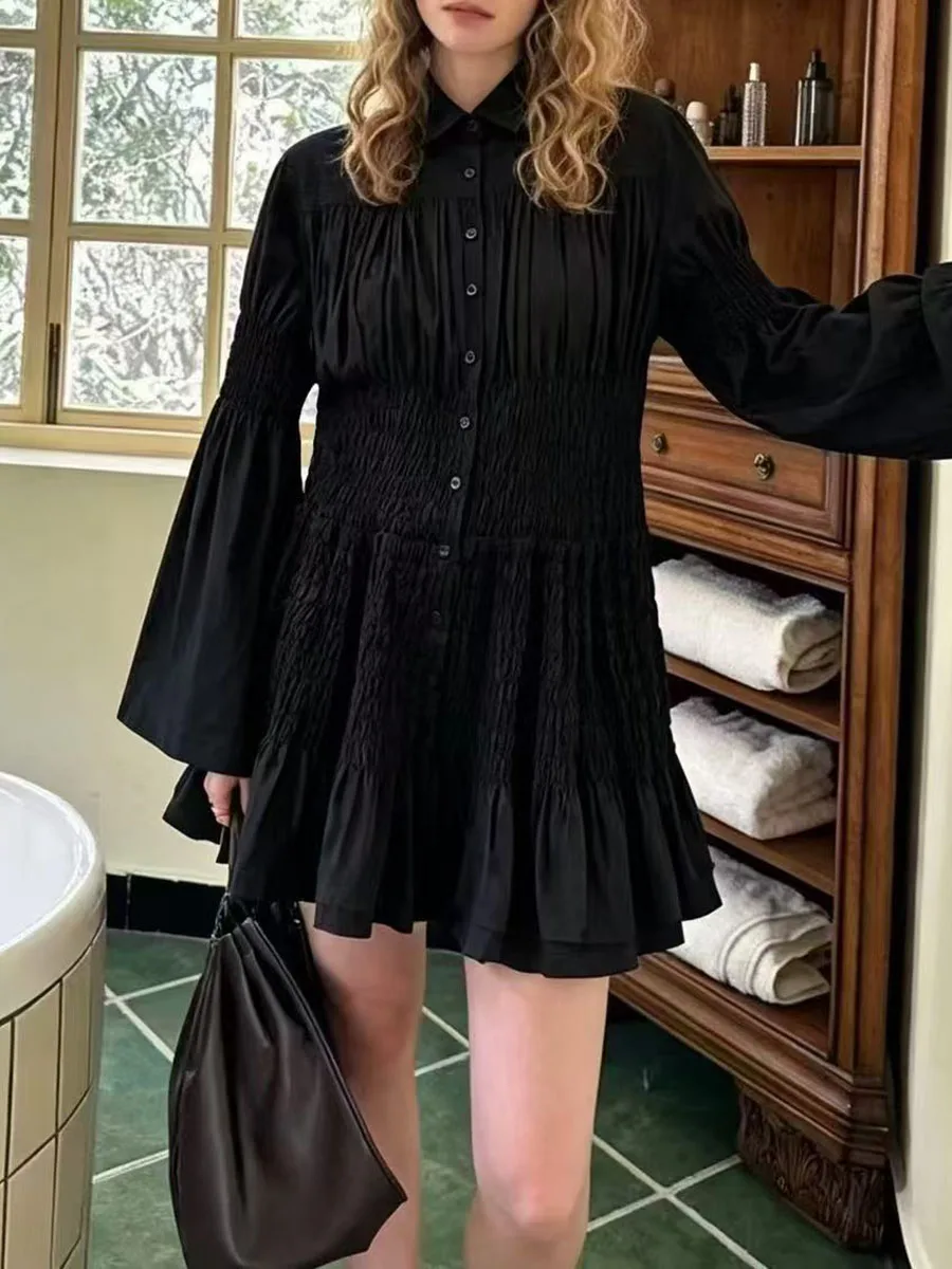 TWOTWINSTYLE Solid Slimming Shirt Dress for Women Lapel Neck Long Sleeve Patchwork Button Casual Dresses Female Fashionable New