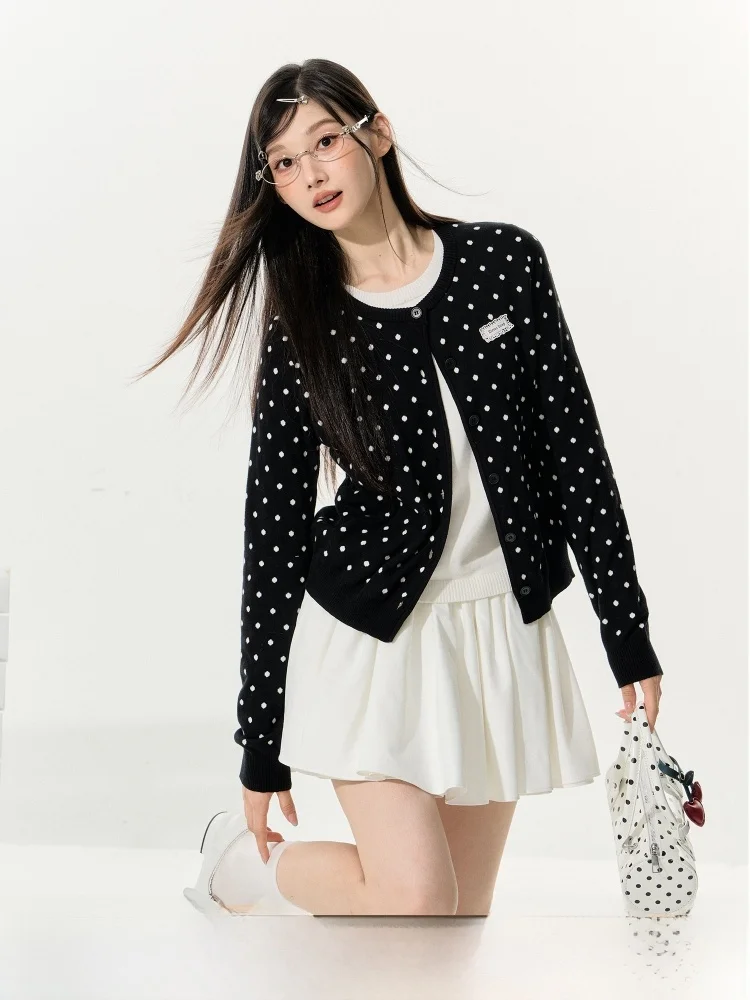 

ELEVEN SP Polka Dot Knitted Open Cardigan Spring Top Women's Loose Fit Casual Style Long Sleeve Cotton Sweater Coat