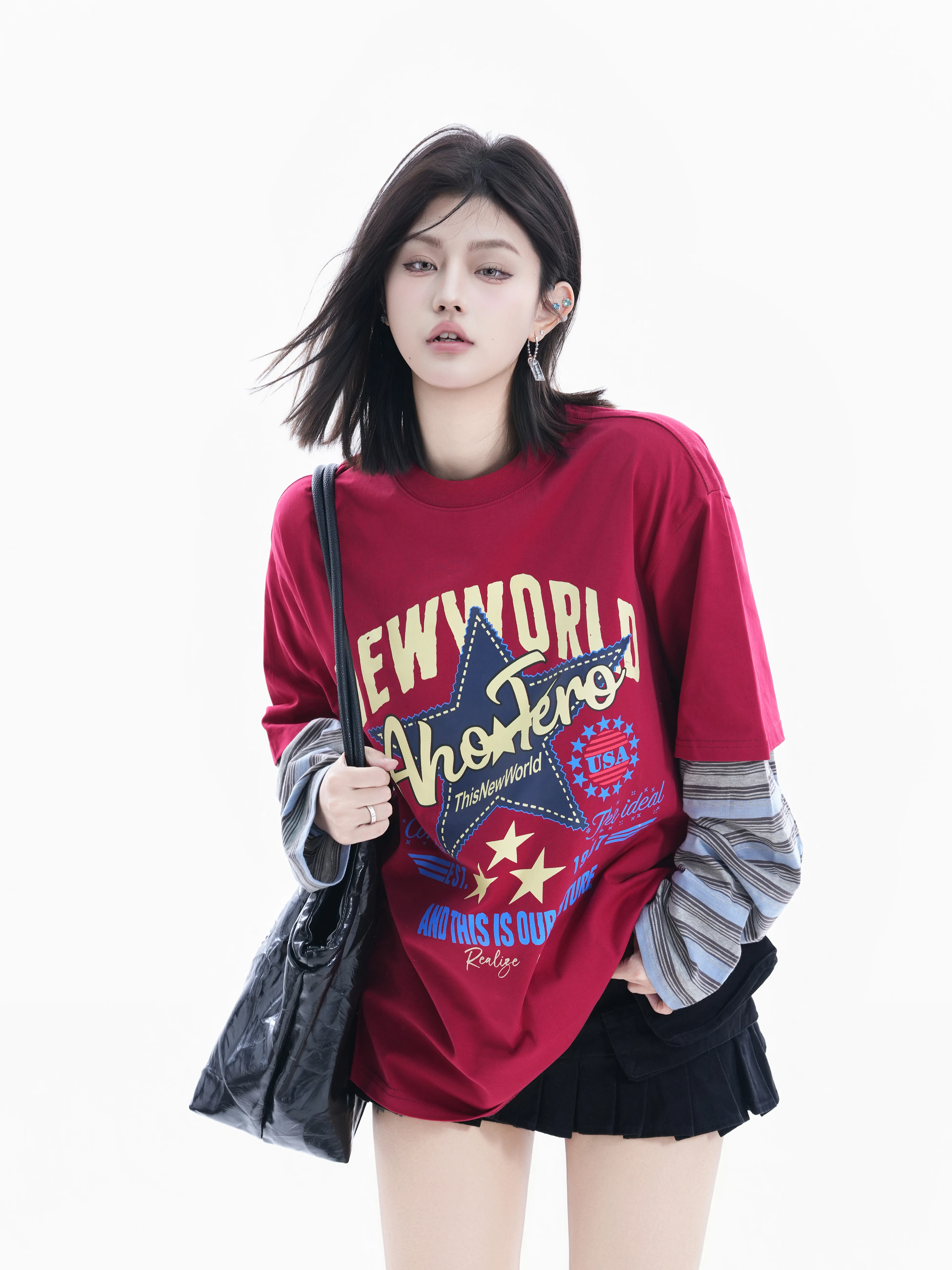 

American Style Long Sleeve T-Shirt Women's Star Print Vintage Fashion Brand Couples Small Versatile Top Cotton Pure Material