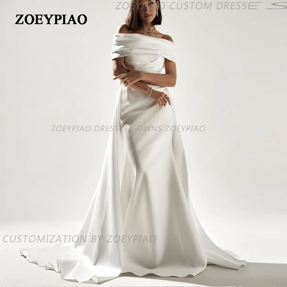 

Mermaid Simple Short Sleeves Wedding Dress Off Shoulder Long Bridal Gown Satin Custom Made Brides Dress vestido novia