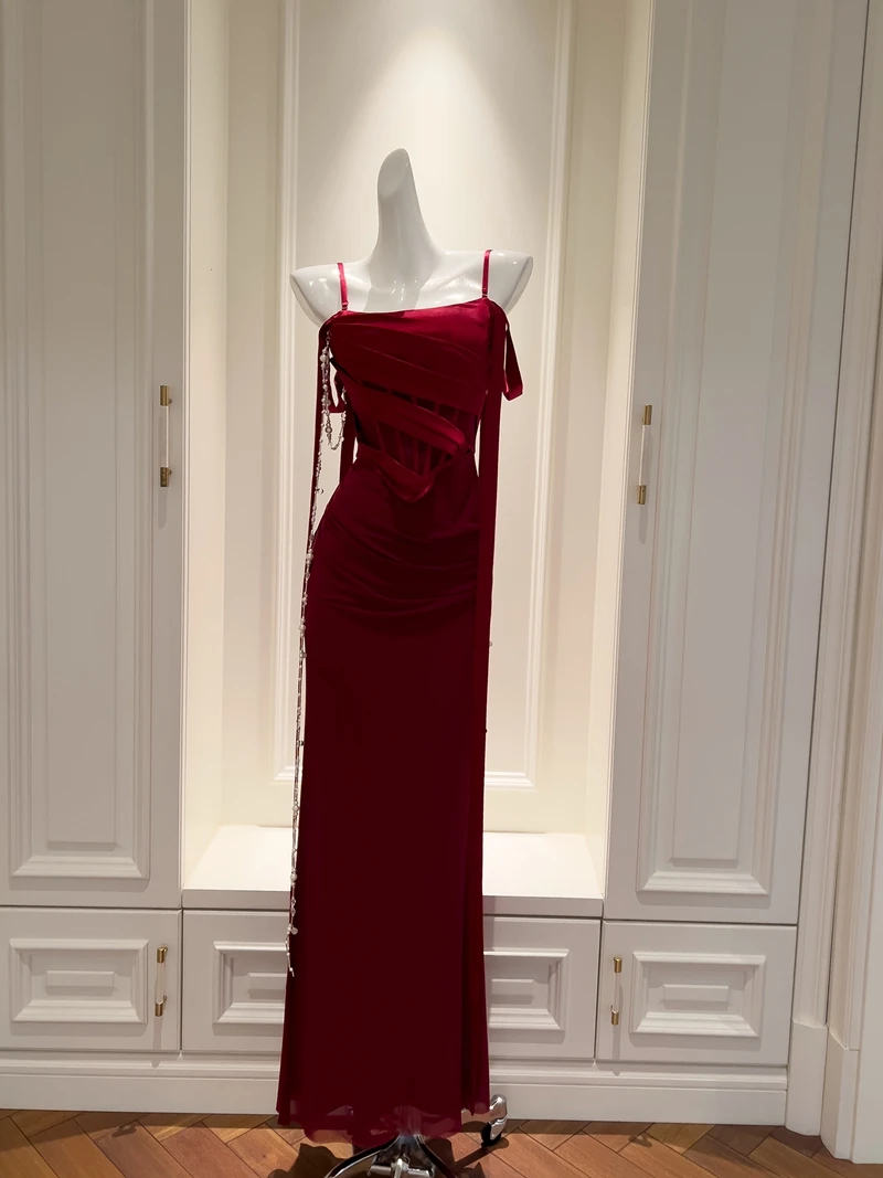 Red Wine Color Retro Thousand Gold Women's Dr Luxury Siren Dr Strap Design Sense Holiday Dr Long Sve Zipper Sle