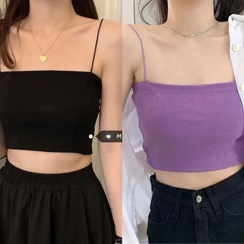 Women Basic Spaghetti Strap Crop Tube Top Ribbed Knitted Sexy Off Shoulder Camisole Plain Solid Color Bodycon Sling Vest