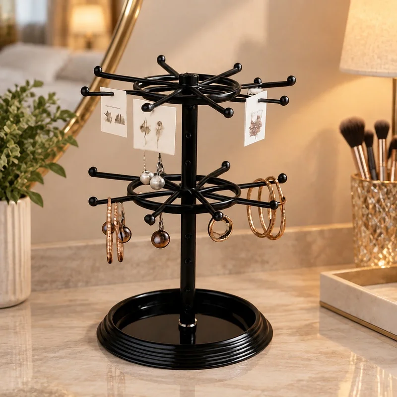 Rotating Jewelry Display Rack with Multiple Levels for Earrings, Necklaces, and Bracelets Storage