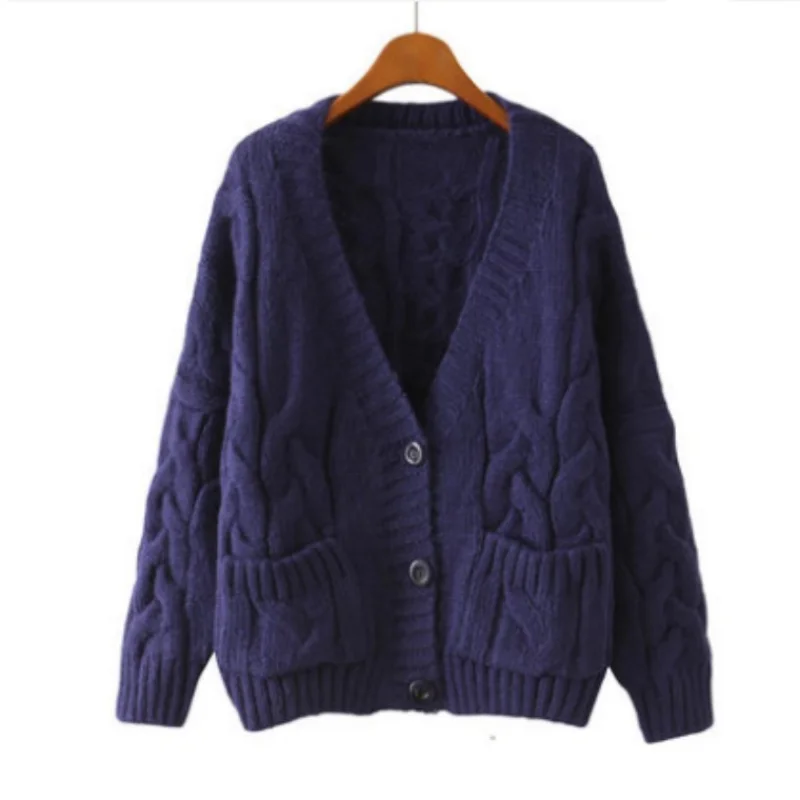 Y2k American Vintage Sweaters Women Autumn Winter Purple Cardigan Women Warm Loose V-neck Knitted Overcoat Weave Cardigans