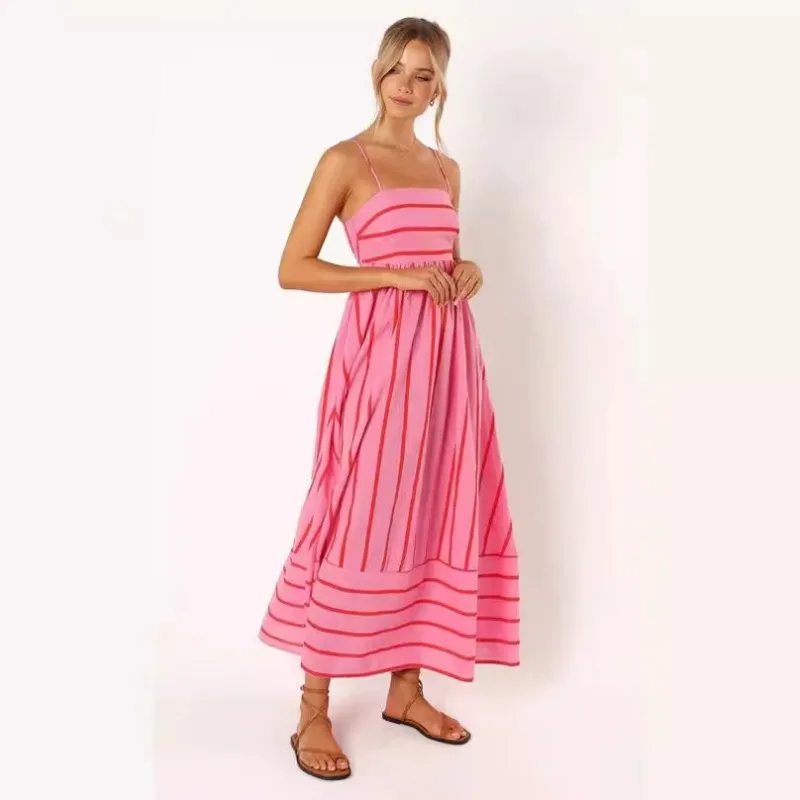Damen Gestreiftes Maxikleid mit Spaghettiträgern, Rückenfreies Lässiges Fließendes Sommer-Strandkleid